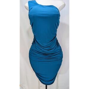 Emerald Sundae Teal One-Shoulder Ruched Bodycon Dress Size 14